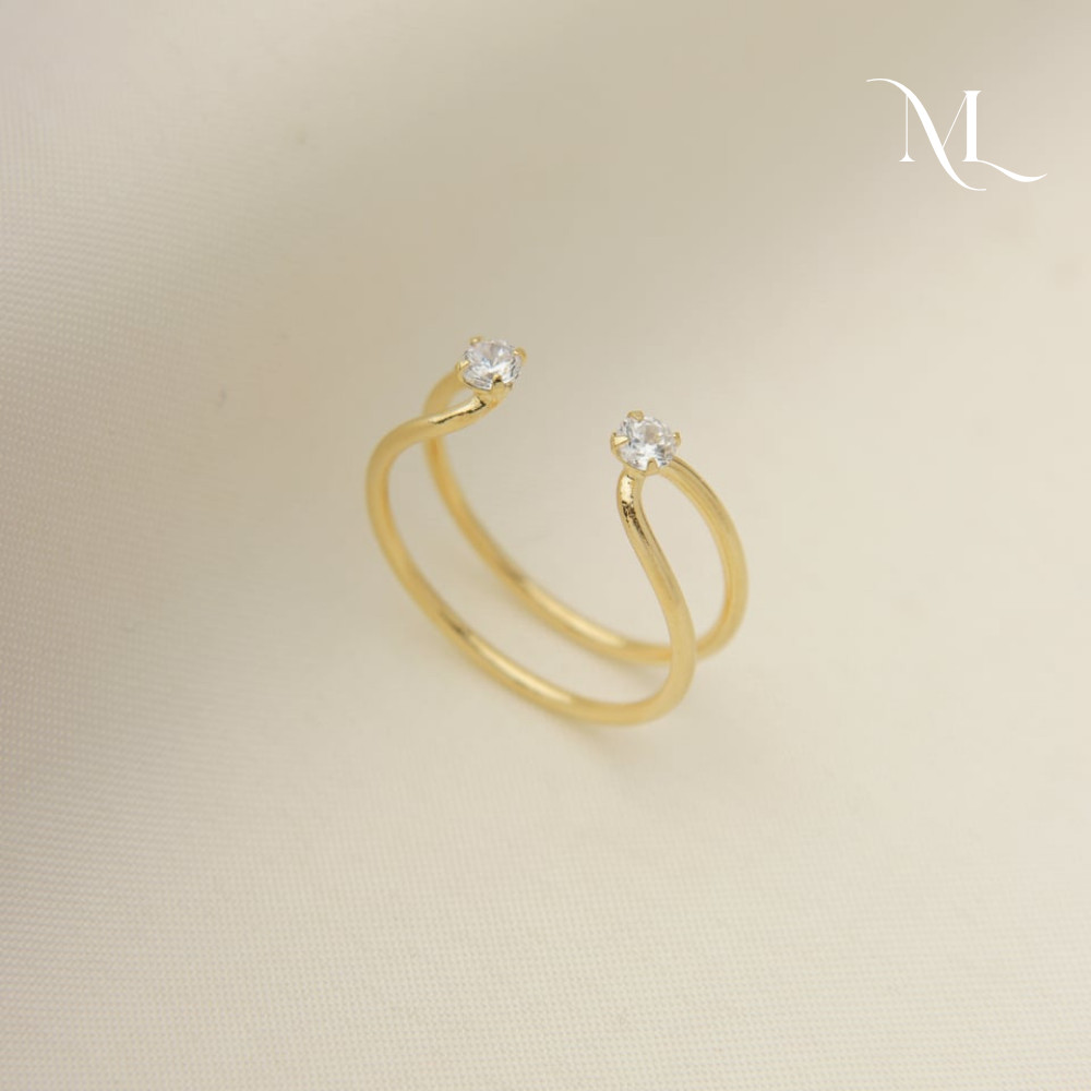 Anel Aberto Feminino Regulável Dourado Minimalista com Duas Pedras com Garantia Folheado a Ouro 18k