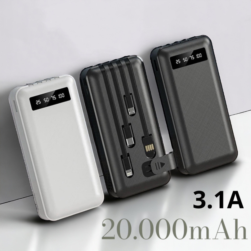 Carregador Portátil 20000mah Power Bank Universal Saida 4 Cabos Tipo C / iPhone / V8