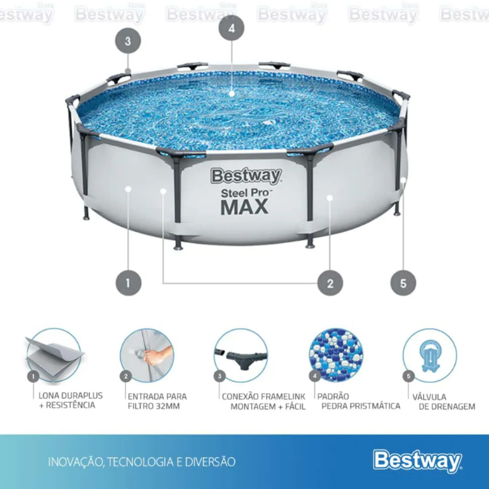 Detalhes do Piscina Estrutural 4678L Bestway Steel Pro MAX 3,05m x 76cm + Filtro 1.249L/h 127V