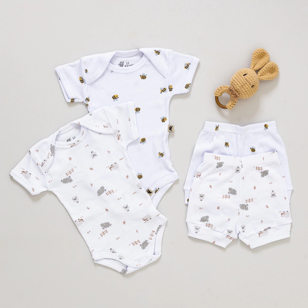 Kit 4 Peças Conjunto Bebê Verão Body e Short Unissex Canelado Ultra Confortável 100% Algodão