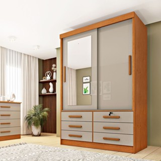 Guarda Roupa Solteiro com Espelho 2 Portas 6 Gavetas 133cm Chicago   Cinamomo/Off White em Oferta na Shopee