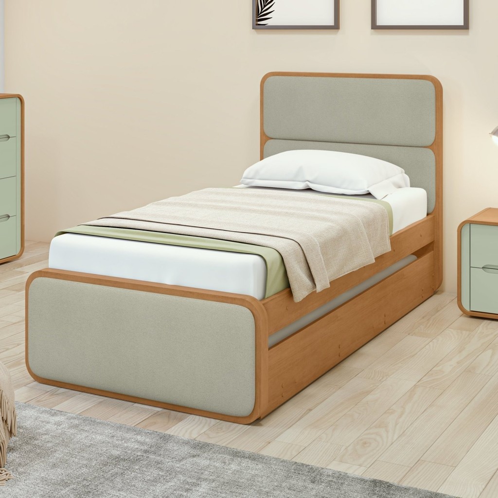 Cama Solteiro Loop Tecido Boucle com Cama Auxiliar Amêndoa Clean/Salvia em Oferta na Shopee