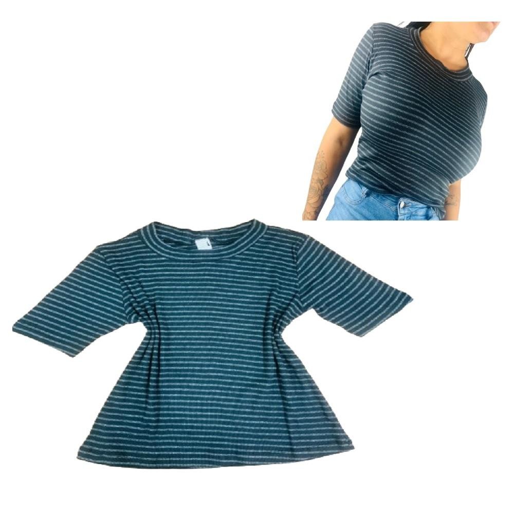 Camiseta Baby Look Feminina Modal Listrada Com Manguinha E Gola Redonda