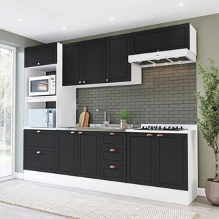 Cozinha Pérola com Rodapé 5 Peças Torre Quente Aéreo 3 Portas Balcão 120 Balcão 80 e Basculante Branco/Preto em Oferta na Shopee