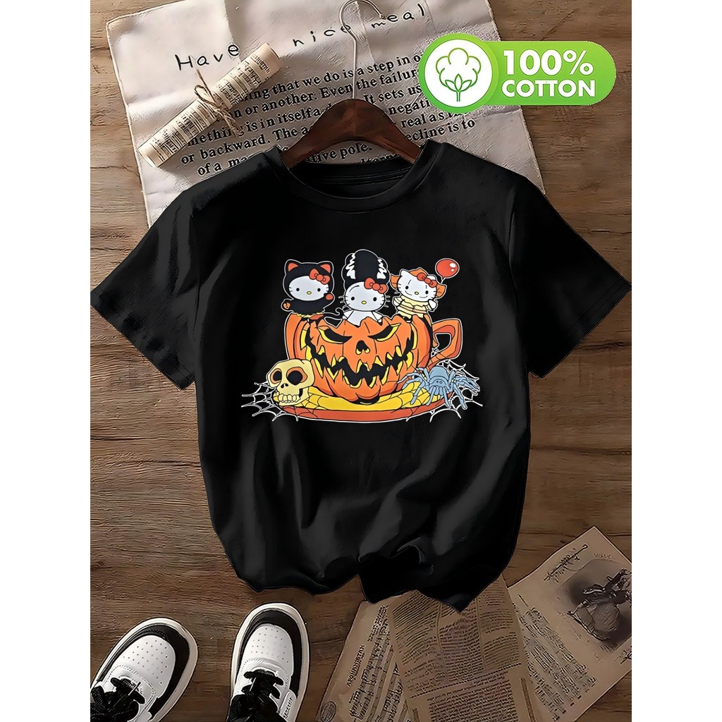 Camiseta Unissex 100% Algodão Com Estampa De Halloween Dos Personagens Da Hello Kitty, Abóboras E Elementos Assustadores
