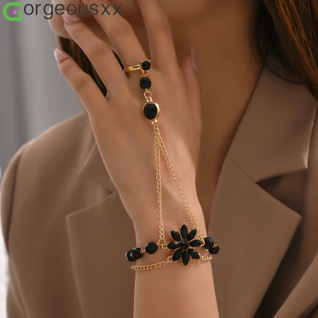 [Gorgeousxx] Nova Tendência Pulseira Integrada Com Dedo Conectado Para Mulheres Contas Pretas Joias De Lótus