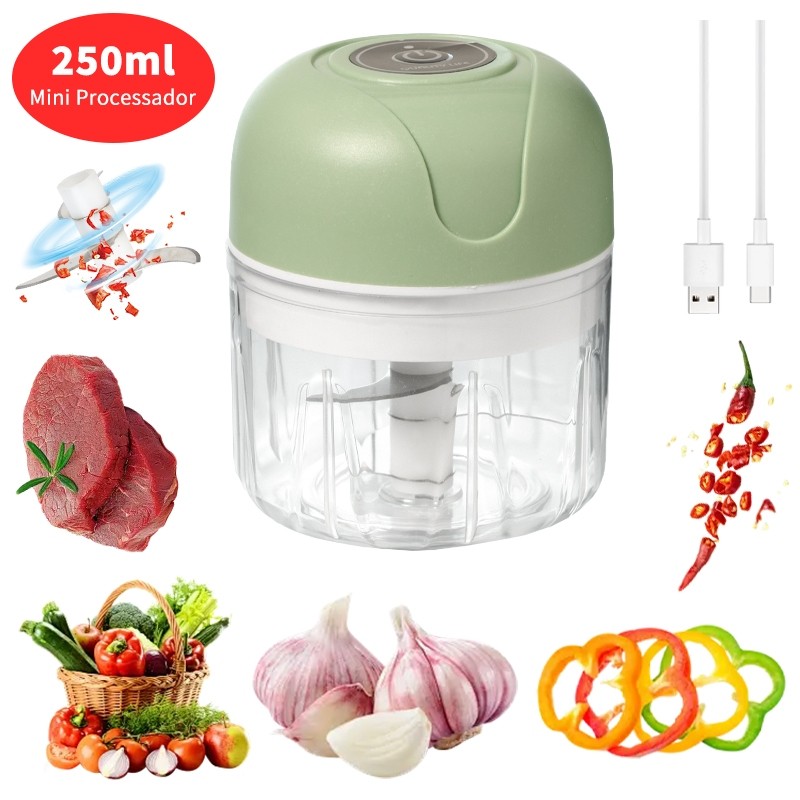 2 Kit Mini ProcessadorElétrico Moedor Carne  Alho Fruta Amendoim Recarregável Gengibre Legumes AlimentosMoedor de Alho