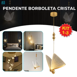 Kit 1/2/3 Pendente Luminária Borboleta LED Dourada Luxure 3 Tons de Luz 110V-220V Bivolt