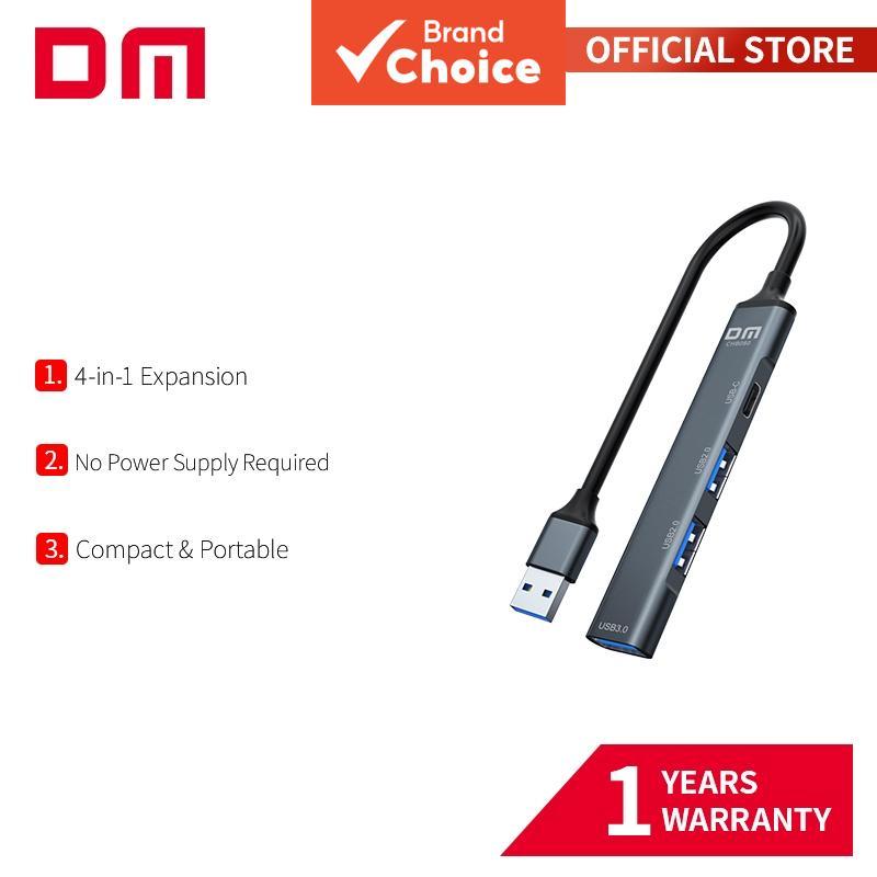 Hub USB 4 em 1 DM CHB080 2x USB 2.0 + USB 3.0 + Conector Tipo-C, Plug & Play, Sem Necessidade de Energia