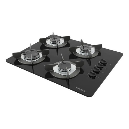 Fogão Cooktop 4 Bocas a Gás Safe Ferro Fundido Vidro Preto Flange Inox Bivolt Fogatti