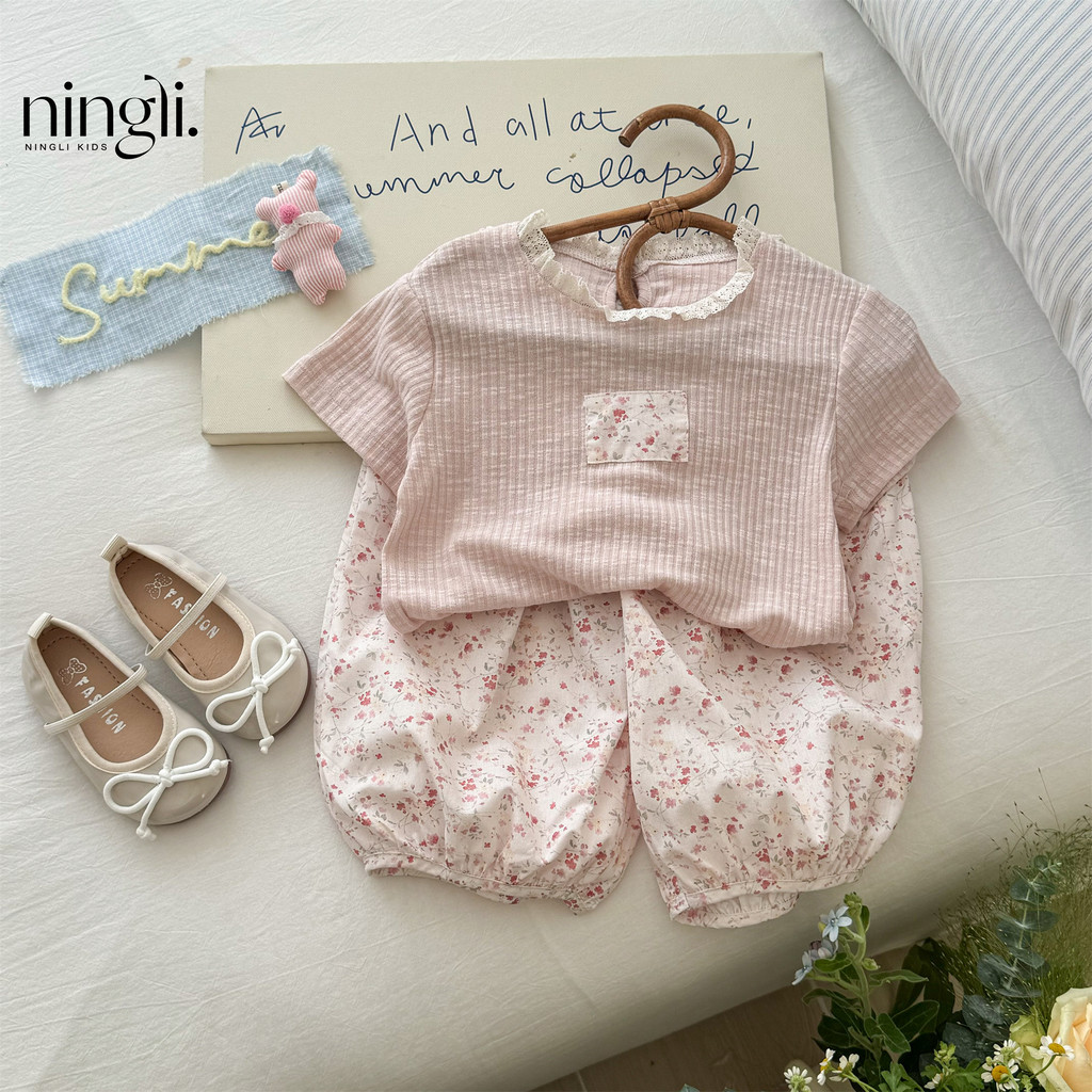 Meninas terno verão novo estilo moda bebê manga curta camiseta calças infantis verão estilo fino roupas de bebê