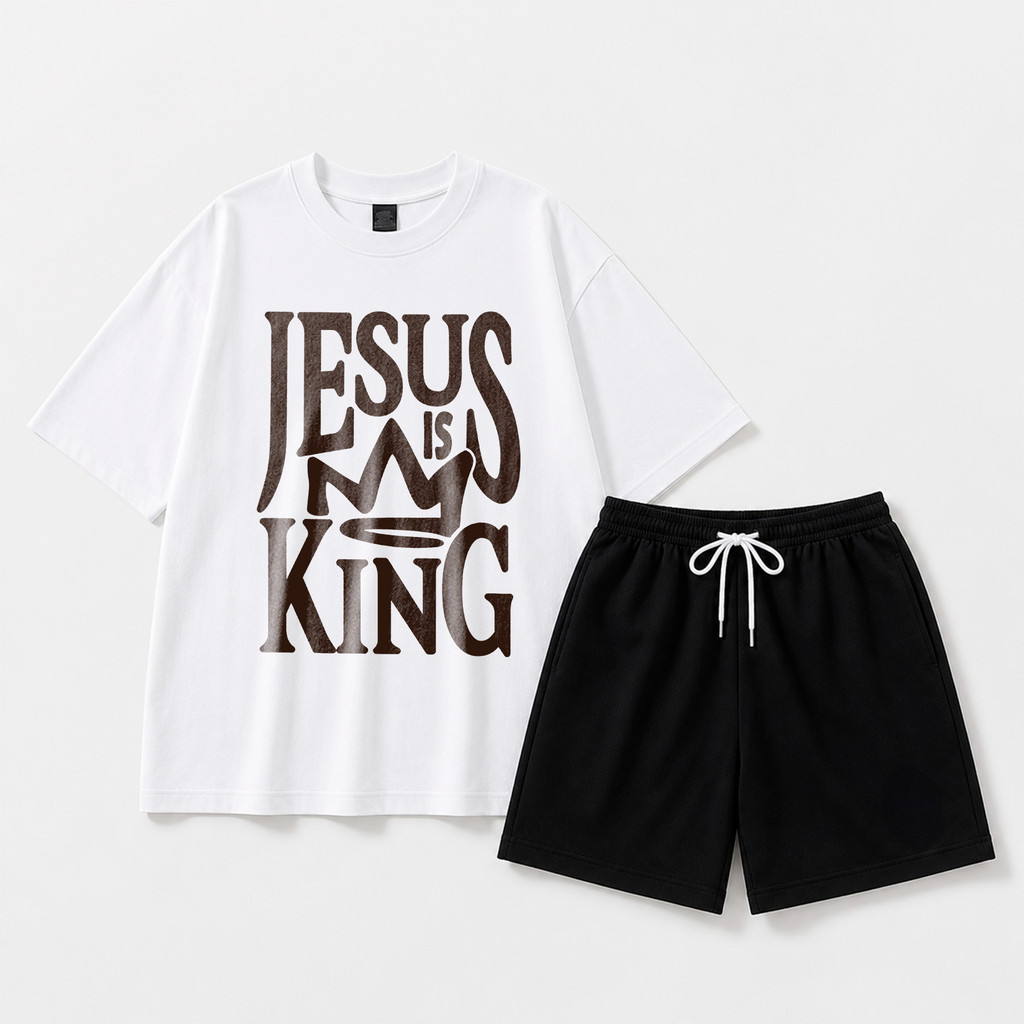 Conjunto masculino Camiseta estampada cristã jesus king + Short tac tel Bermuda