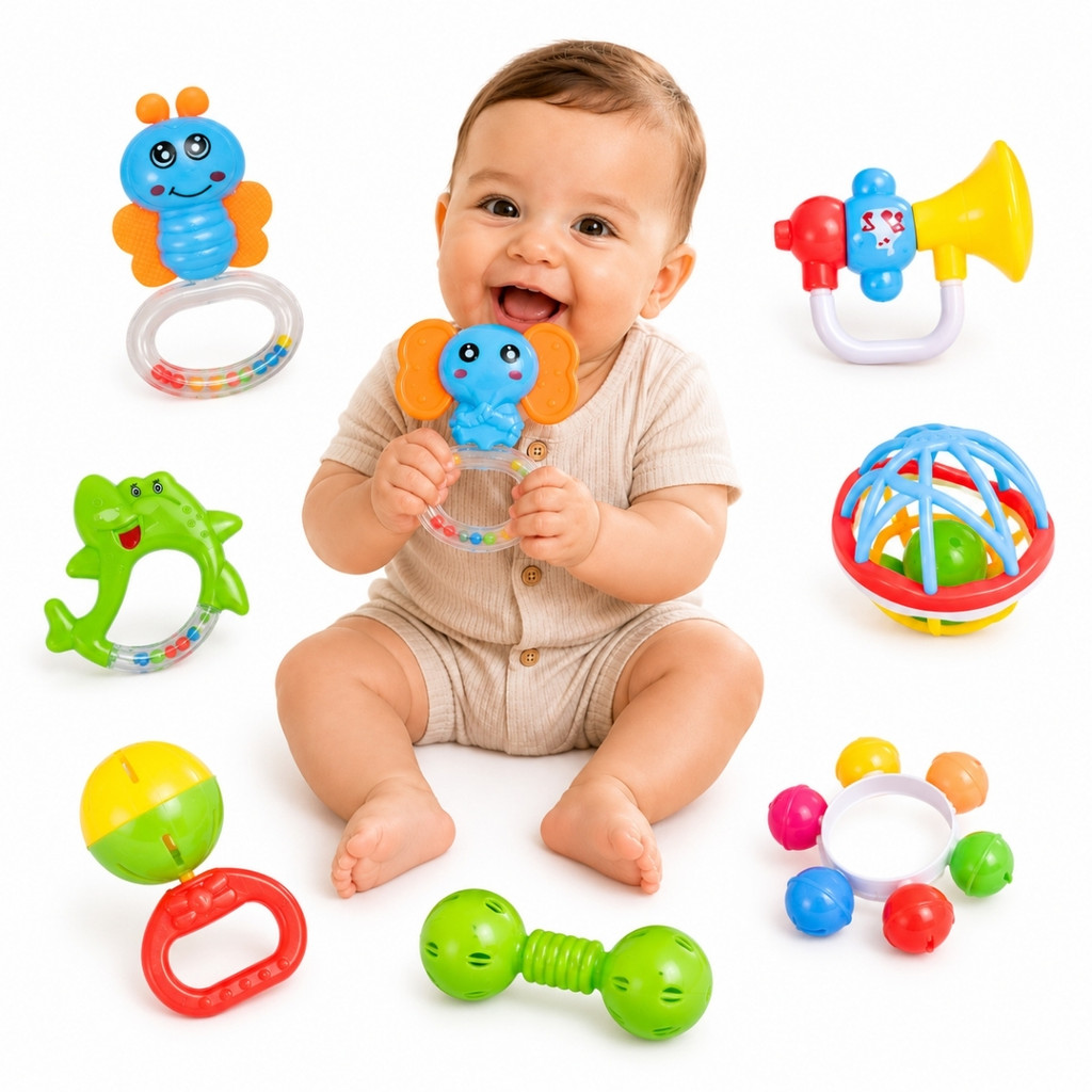 Brinquedos Para Bebê Kit com 4 Peças Mordedor e Chocalho Sortidos Castela