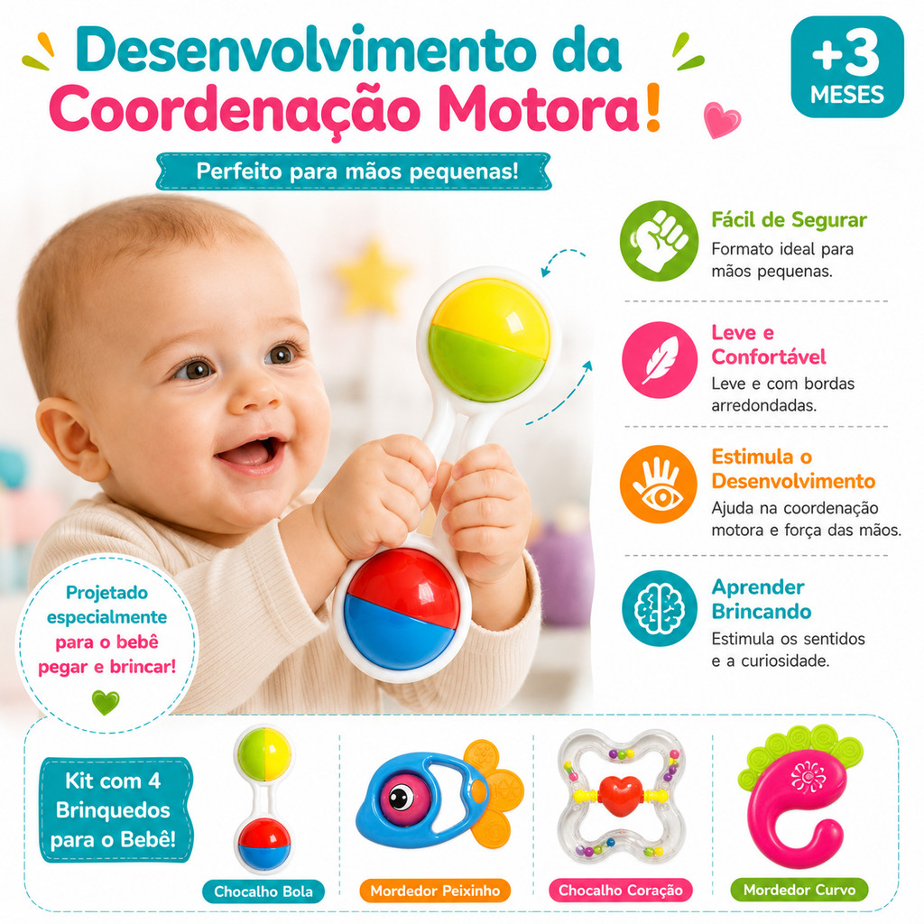Kit 4 Chocalhos e Mordedores para Bebê Infantil Colorido Educativo Sensorial +3 Meses