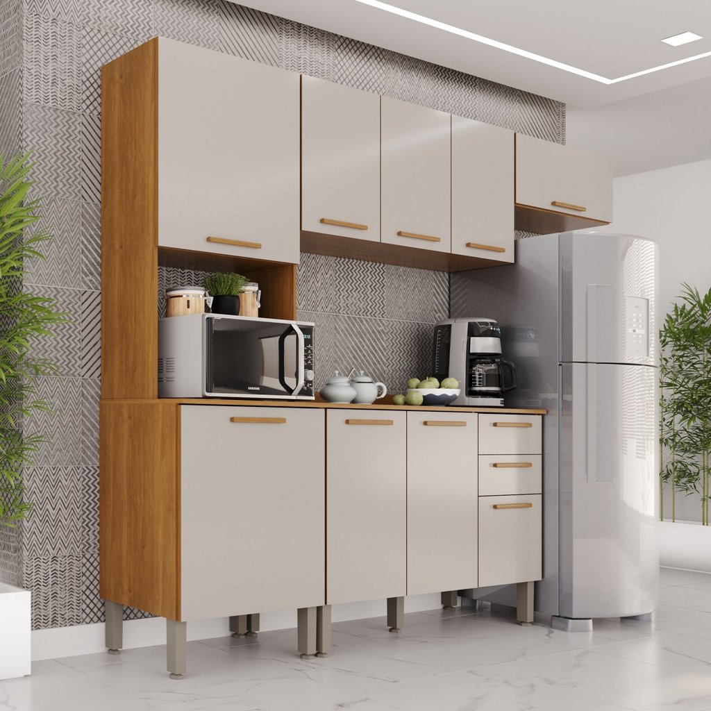 Cozinha Compacta Modulada 4 Peças 9 Portas 2 Gavetas Bella Branco/Cinamomo/Off White Cinamomo/Off White