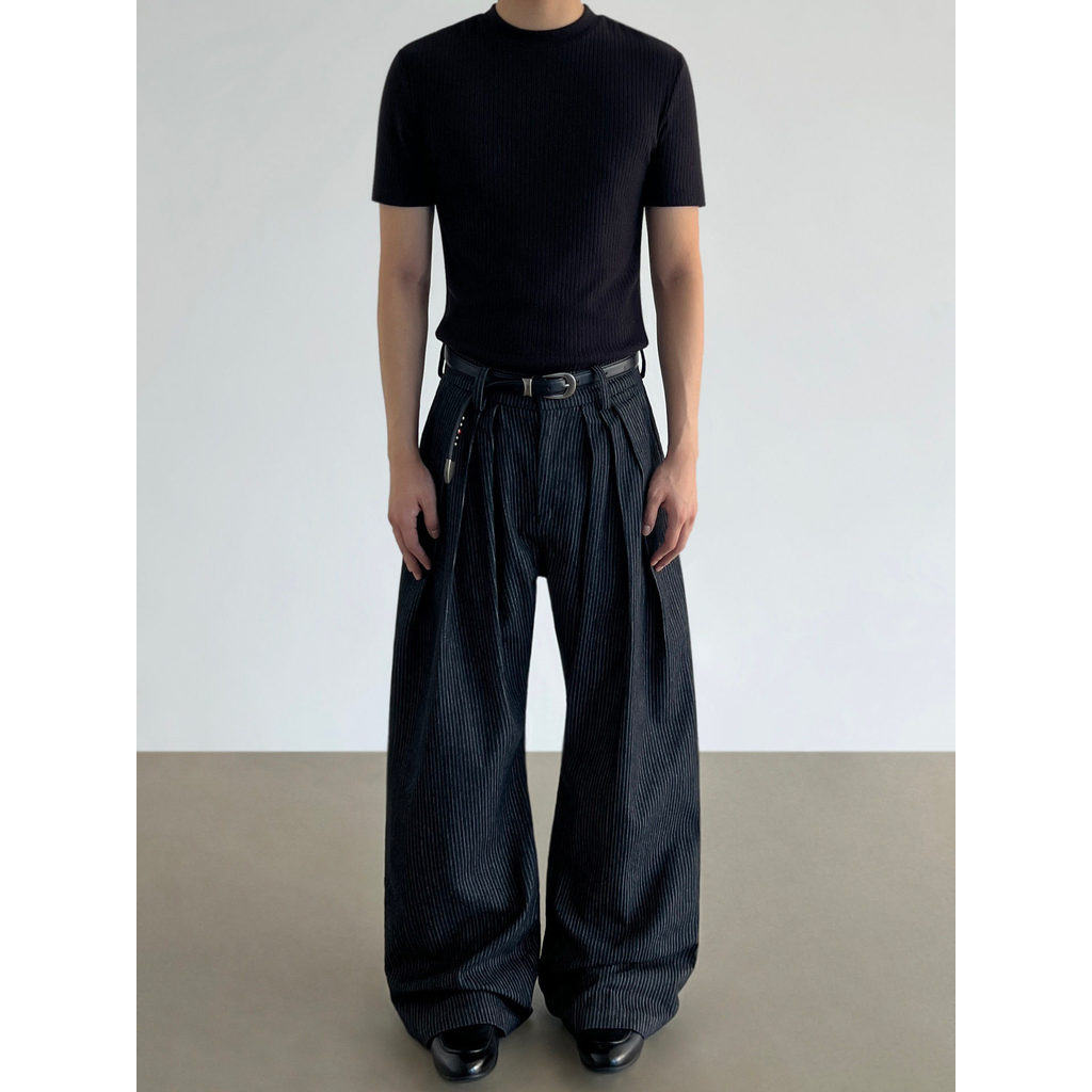 BLAEXIT Retro Old Money Style Original Cor de Vaca Calças Listradas de Três Plissadas Masculinas Casual Drape Perna Larg