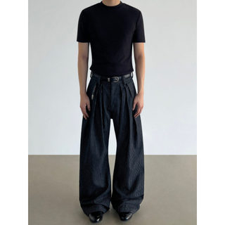 BLAEXIT Retro Old Money Style Original Cor de Vaca Calças Listradas de Três Plissadas Masculinas Casual Drape Perna Larg