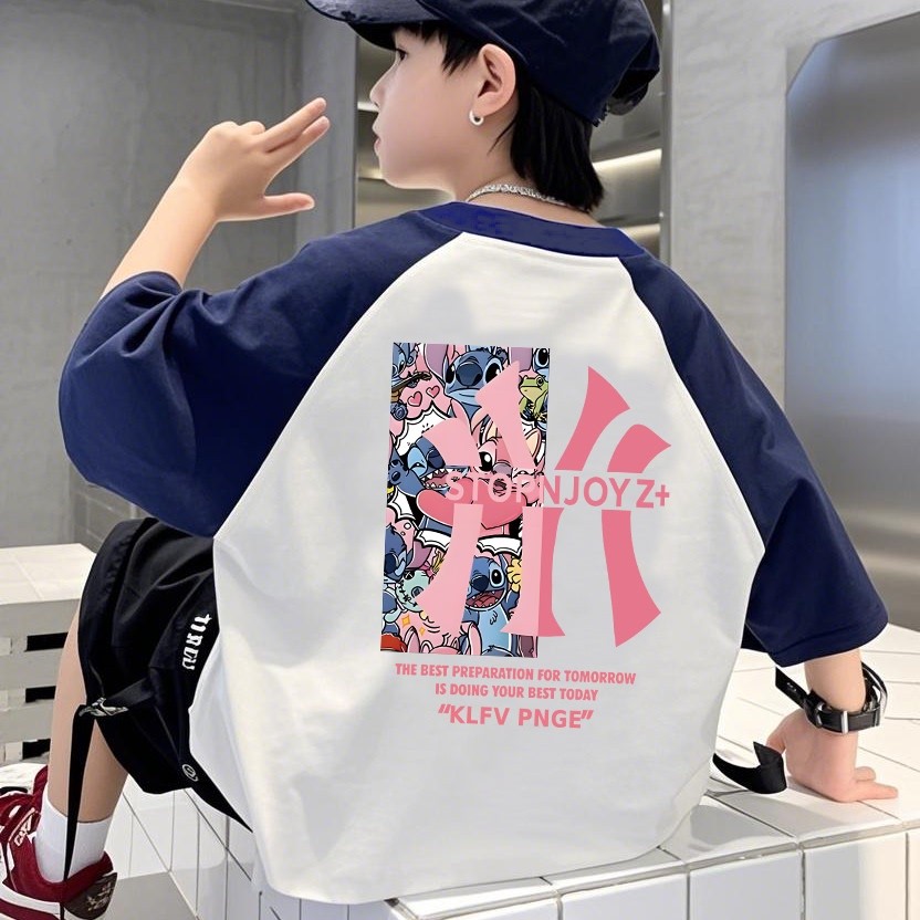 Meninos camiseta de manga curta verão novo estilo crianças puro algodão meia manga topos médio grandes meninos Raglan S