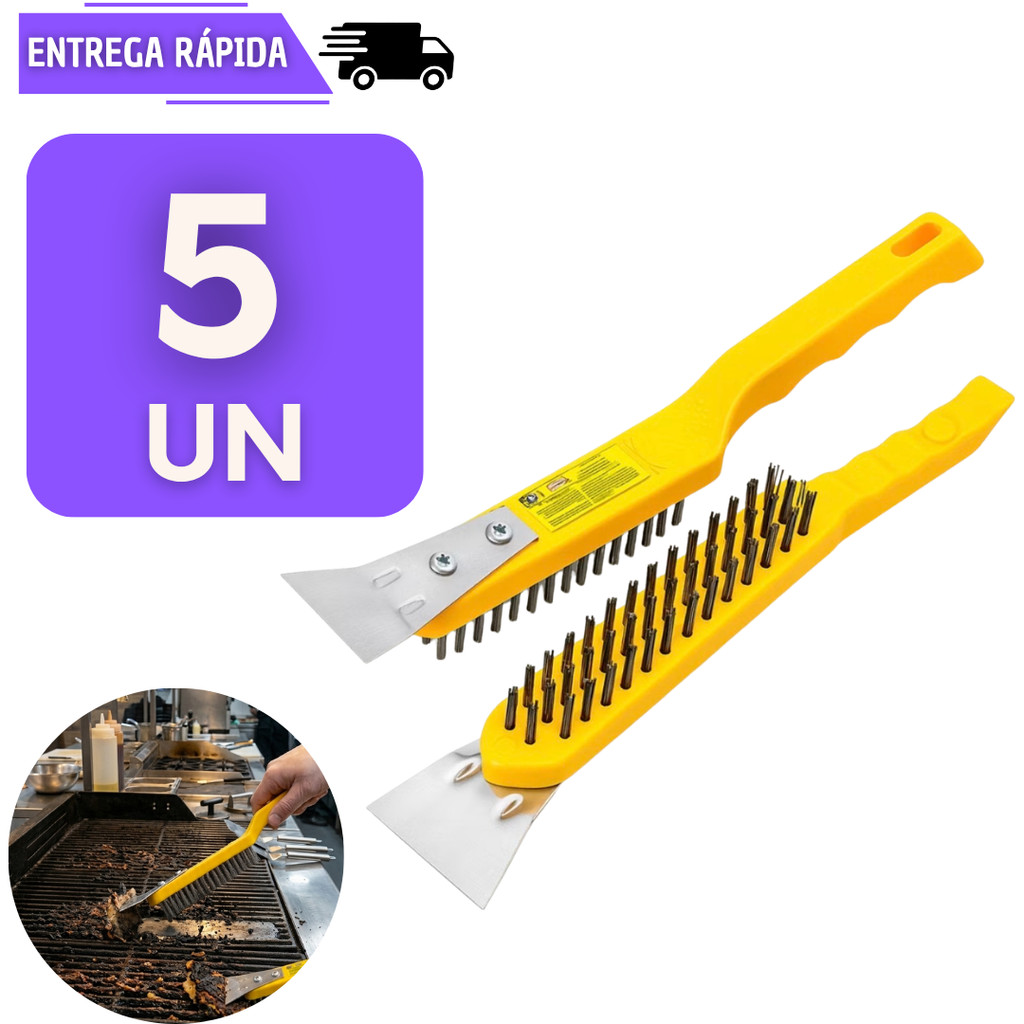 Jogo 5 Escova De Aço Multiuso Com Espátula Raspadora 27cm Limpeza Pesada Grelha Chapa Utilidades Churrasqueira Escovas