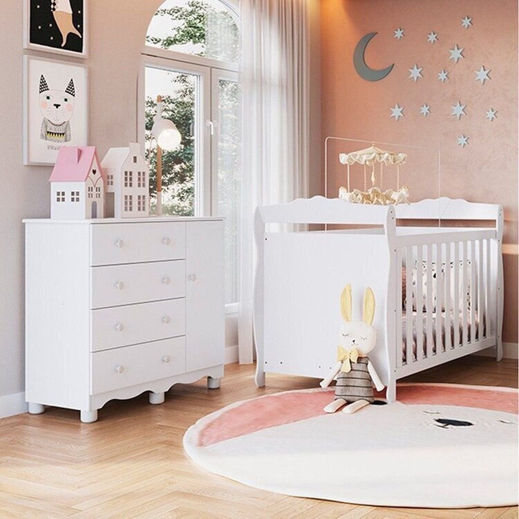 Quarto de Bebê com Berço Americano e Cômoda 1 Porta Nina Espresso Móveis Branco/Brilho
