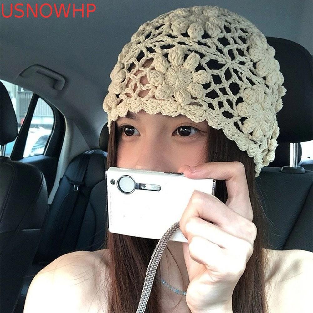 USNOWHP Bonés De Malha , Chapéu De Flor De Crochê Feito À Mão , Gorros Femininos Ocos Fofos Y2k Streetwear
