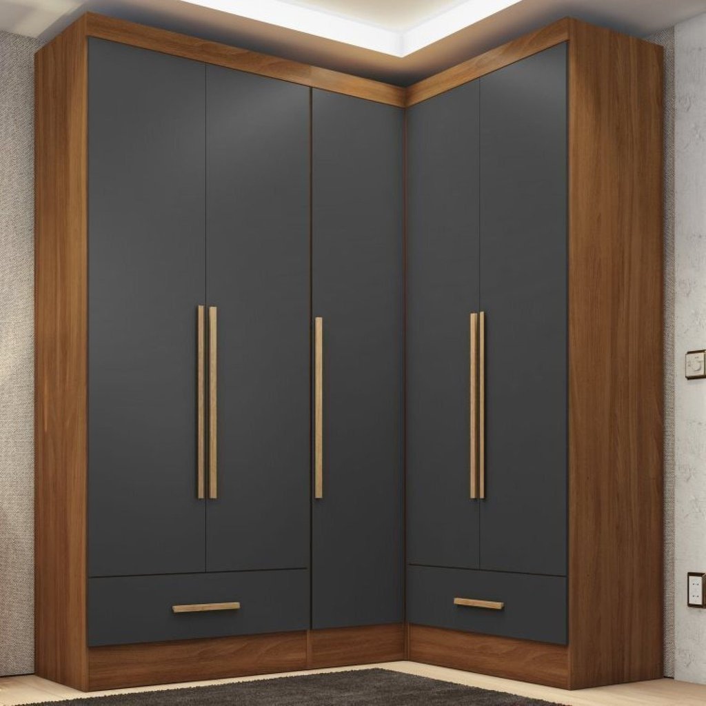 Quarto Modulado de Canto 100% MDF 3 Peças 5 Portas 2 Gavetas Smart Plus Espresso Móveis Cinza/Cinamomo/Chumbo