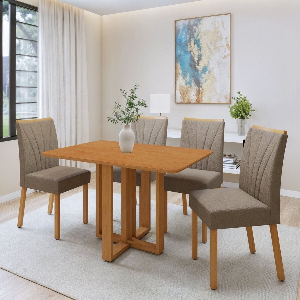 Conjunto Sala de Jantar 4 Lugares Retangular Tampo MDF Mesa Bold com Cadeiras  Pés Madeira Jade Amêndoa Clean/ Animale