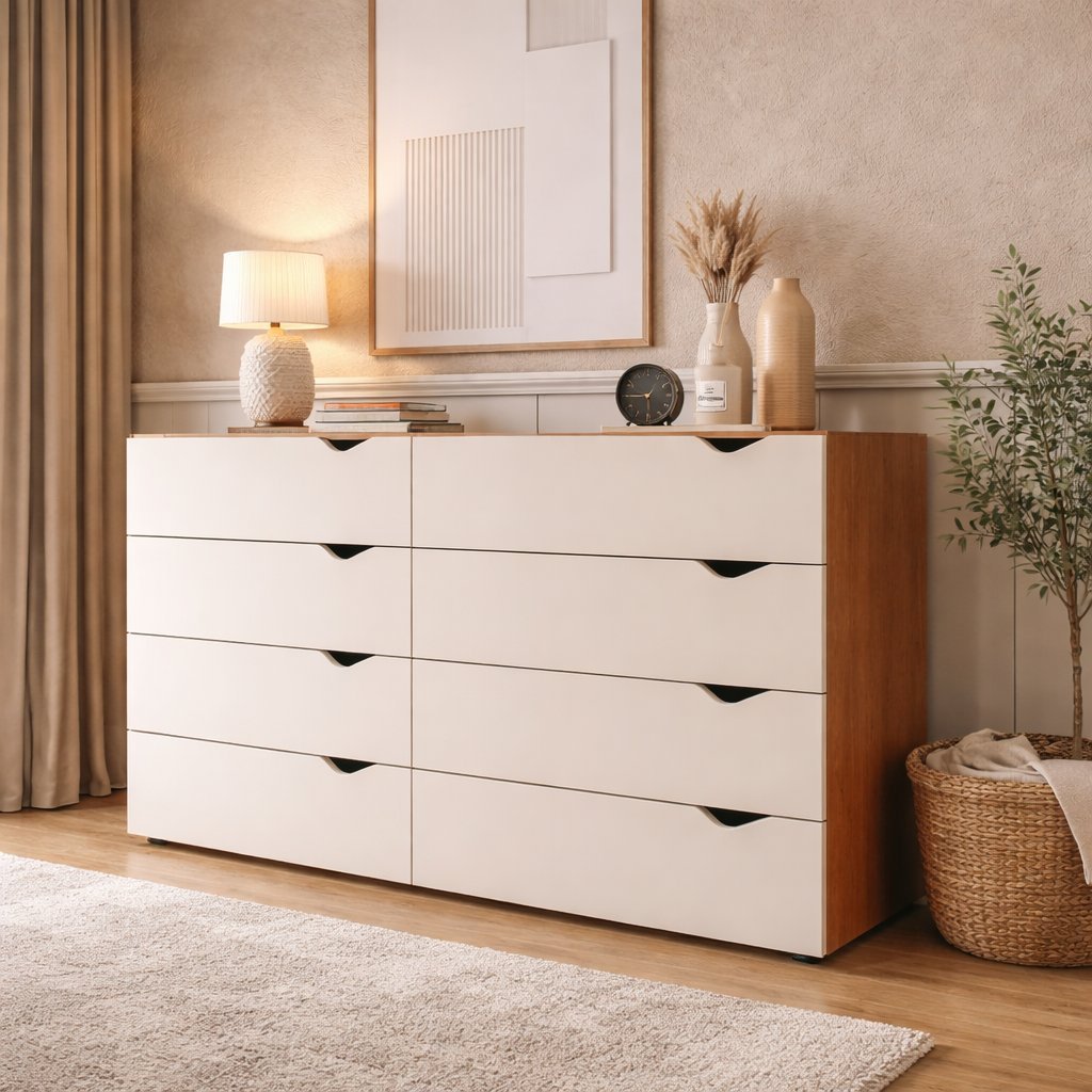 Cômoda 8 Gavetas 83,5x150,1x46 cm Porto Bege/Freijó/Creme Freijó/Creme