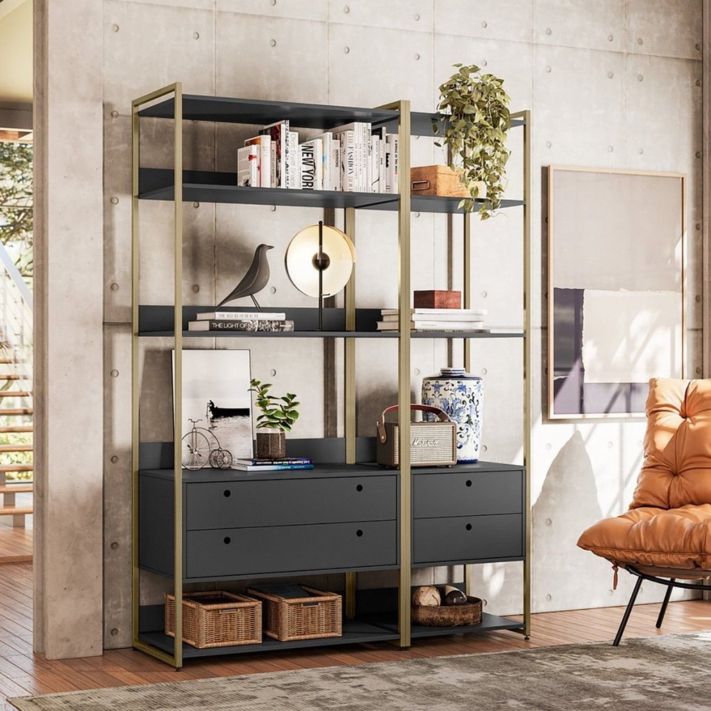 Estante de Livros Industrial MDF 143,2CMX200CM Escritório 4 Gavetas 5 Prateleiras Preta Estrutura de Metal Ouro