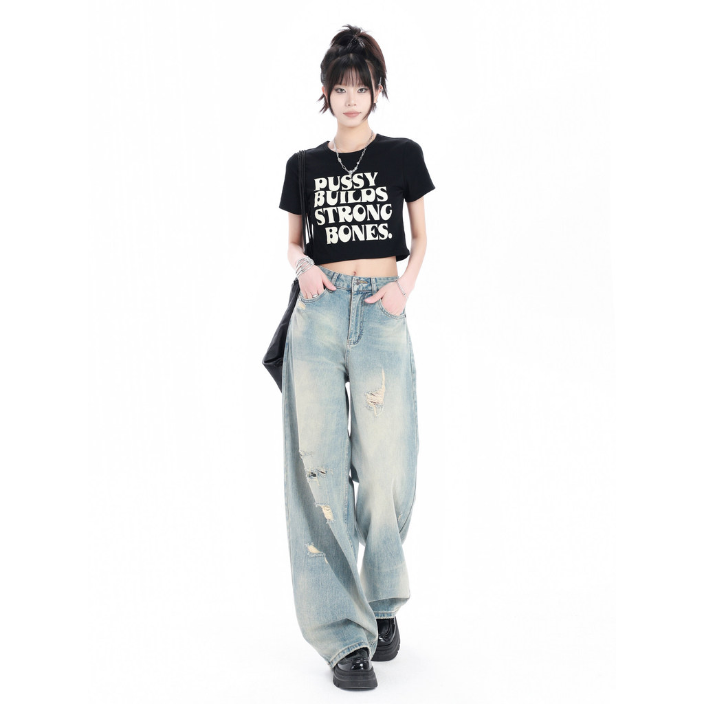 Vfvk Jeans rasgados femininos 2026 novo estilo calças de verão estilo americano reto solto Drape calças de perna larga e