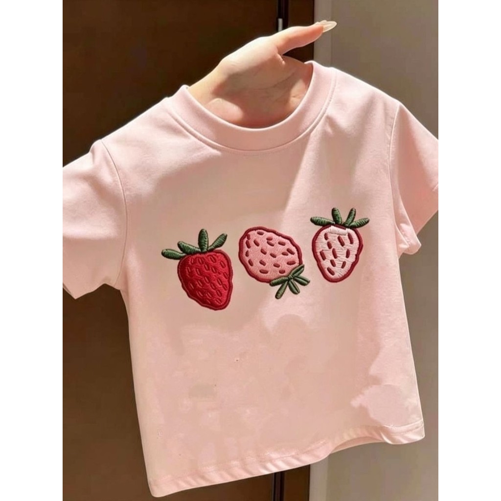 Crianças verão novo estilo imitação bordado impresso bonito morango dos desenhos animados camiseta de manga curta menino