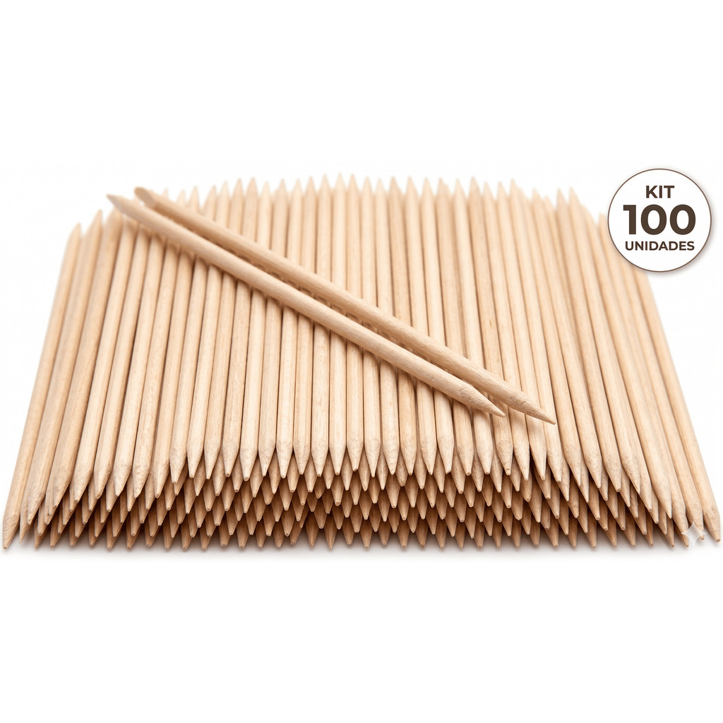 Kit 100 Palitos Bambu Unha Manicure Chanfrado e Pontiagudo Profissional Ponta Dupla
