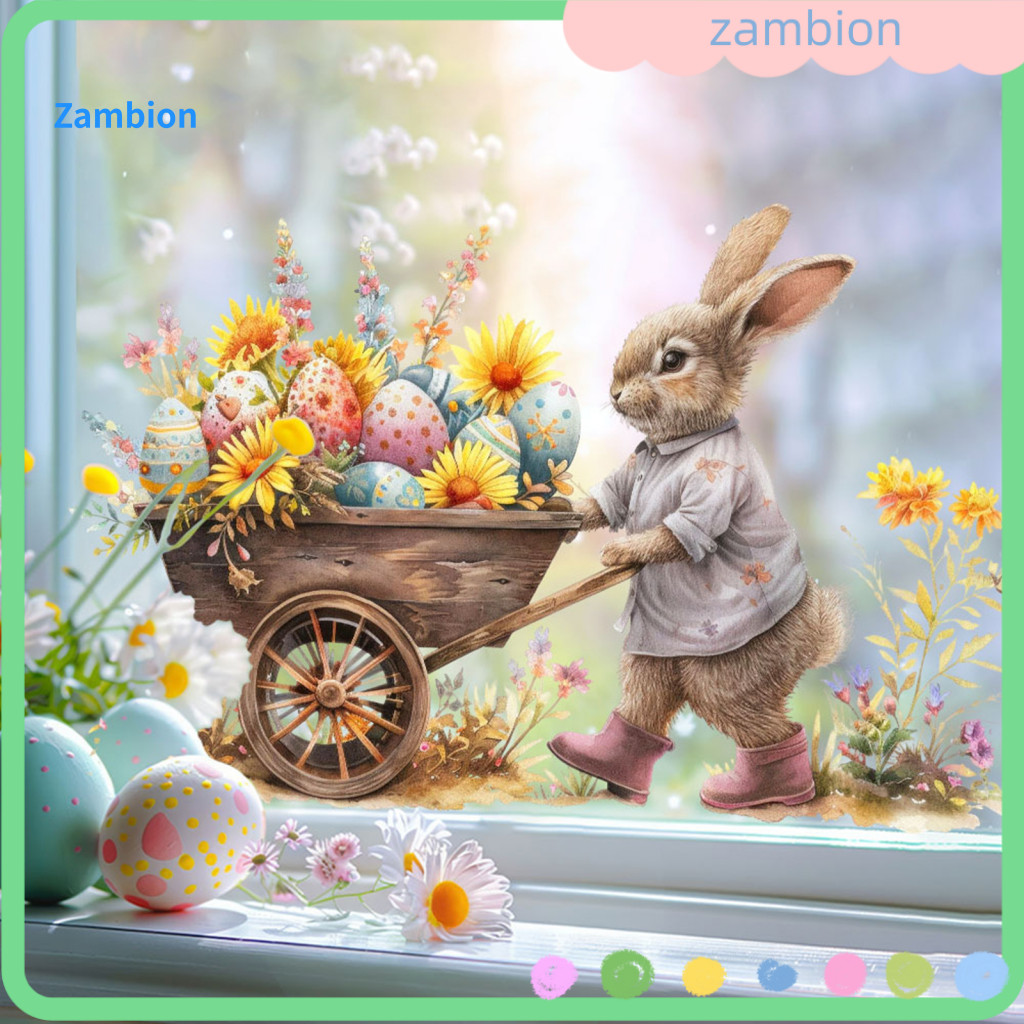 Pvc Easter Decal Window Sticker Bunny Clings Decoration Reusable Static Stickers Cute Pushing Cart Design Spring Party D