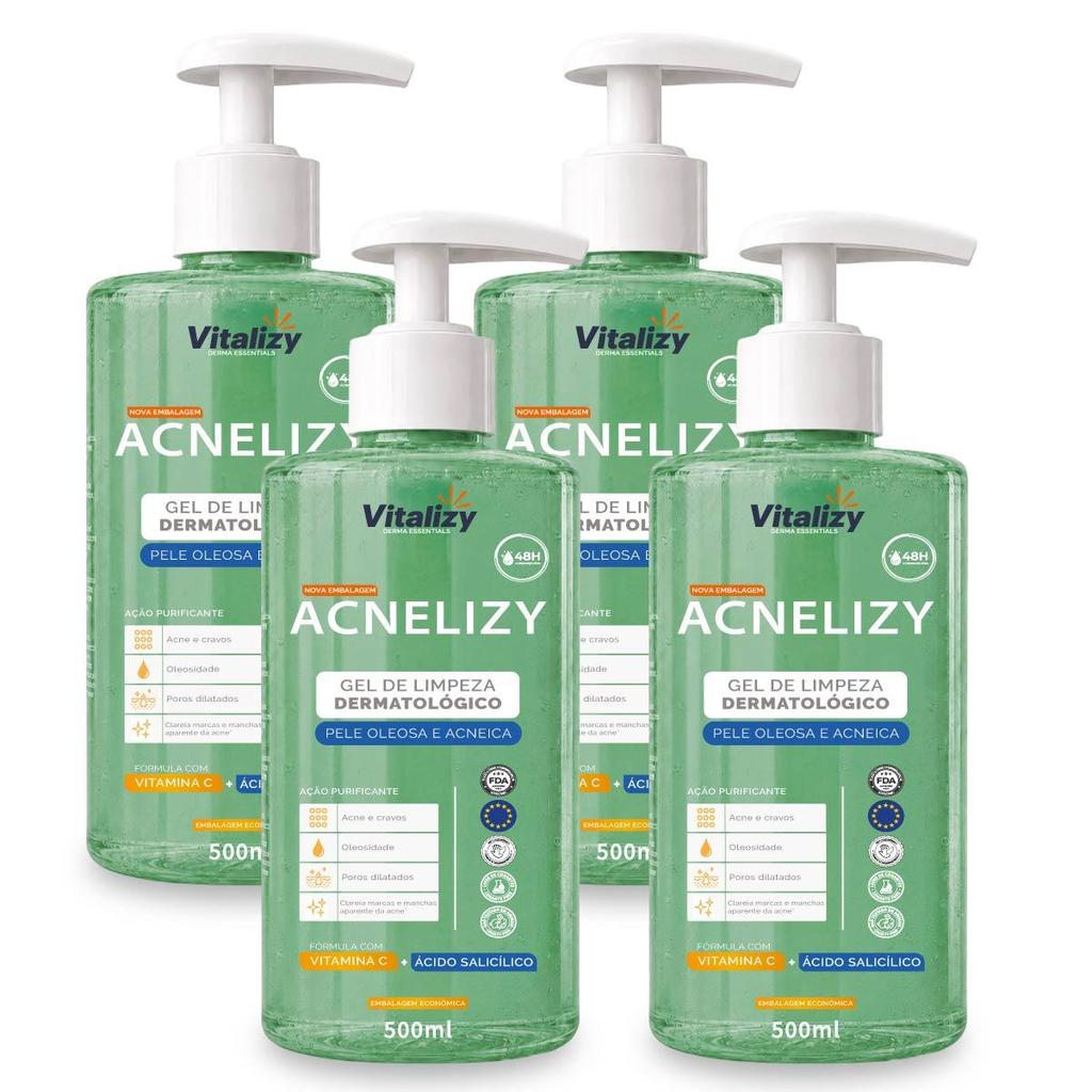 Kit 4x500ML Gel de Limpeza Facial Controle da Oleosidade Pele Oleosa e Acneica Limpeza Profunda Vitalizy