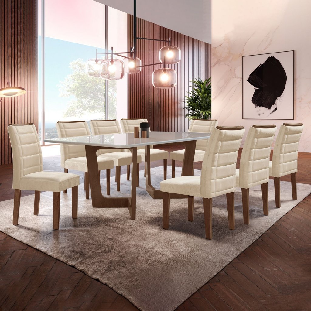 Conjunto Sala de Jantar Nápoles Tampo Vidro/MDF com 8 Cadeiras Genova Smart Plus