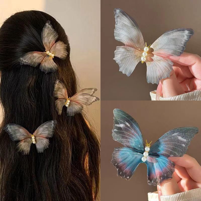 Fada inteligente tule borboleta grampo de cabelo feminino foto Mori Retro High-End clipe lateral pérola temperamento ace