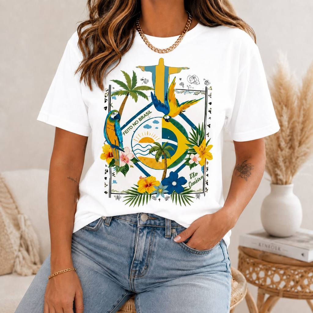 Camiseta Feminina Básica Casual Adulto Moda Mulheres Fashion Copa Do Mundo Brasil Tropical Rio
