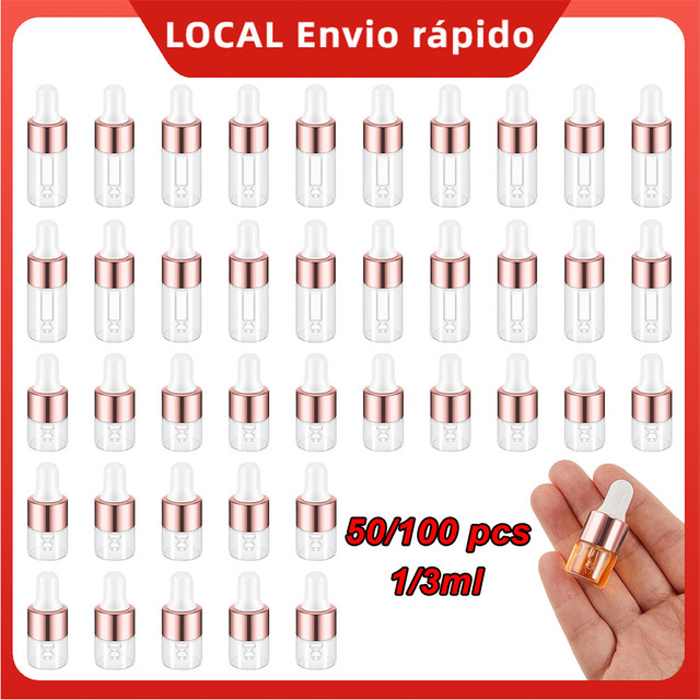 50/100 Peças Mini Frasco Conta-Gotas Vidro 1/3ml Rosa Gold – Design fino, cabeça borracha, leve, para casa e escritório