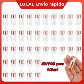 50/100 Peças Mini Frasco Conta-Gotas Vidro 1/3ml Rosa Gold – Design fino, cabeça borracha, leve, para casa e escritório