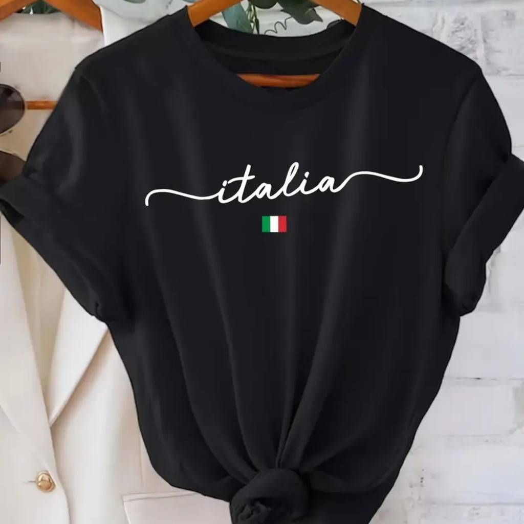 Camiseta de cuello redondo con estampado de letras de Italia, top casual de manga corta para primavera y verano,