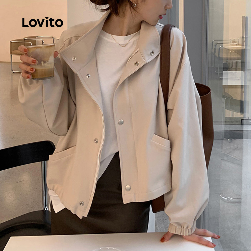 Detalhes do Lovito Jaqueta Feminina Casual Corta-Vento Impermeável Com Bolso Frontal E Zíper LNE33073