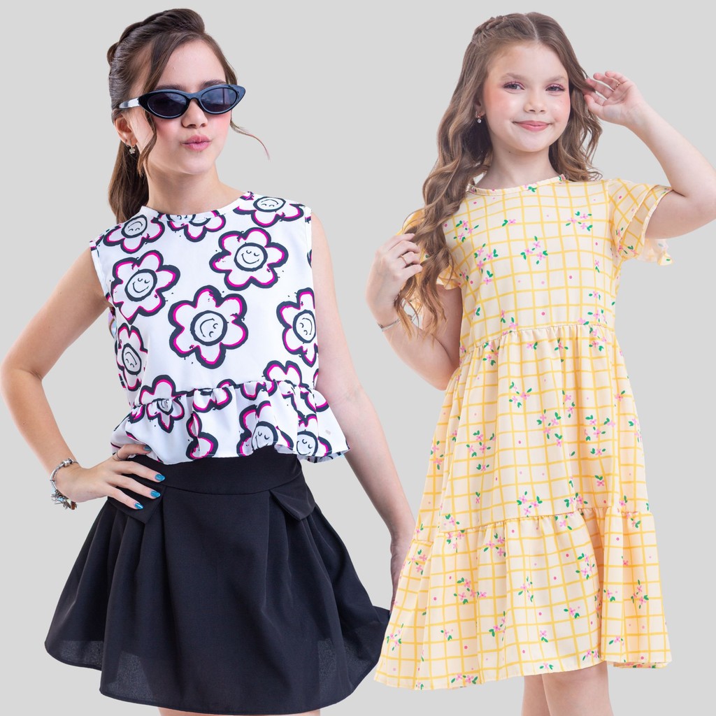 Kit 2 Peças de Roupa Infantil Juvenil Menina Vestido + Conjunto Infantil Juvenil Feminino 4 ao 14 anos Envio Imediato