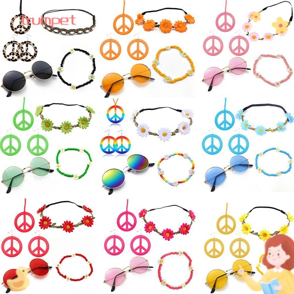 Conjunto De Fantasia Hippie Feminina Trompet , Acessórios Estilo Boho Peace Sign Dos Anos 60 E 70