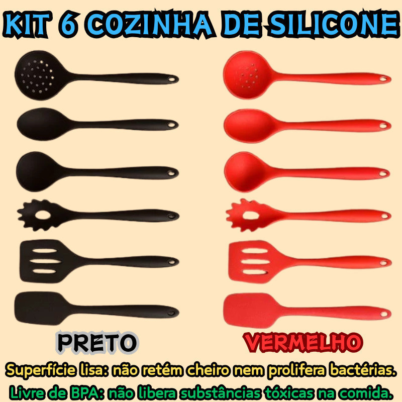 Kit 6 Peças De Silicone Espátula Para Cozinha Concha Escumadeira Colher Vazada Vermelho Ou Preto em Oferta na Shopee