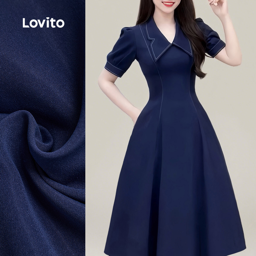 (NEW) Lovito Vestido Elegante Simples de Primavera/verão Azul para mulheres L150ED696 em Oferta na Shopee