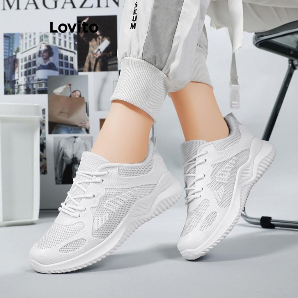 Detalhes do Lovito Esporte simples estilo urbano malha respirável versão coreana sapatos brancos tênis para mulher LFA67314