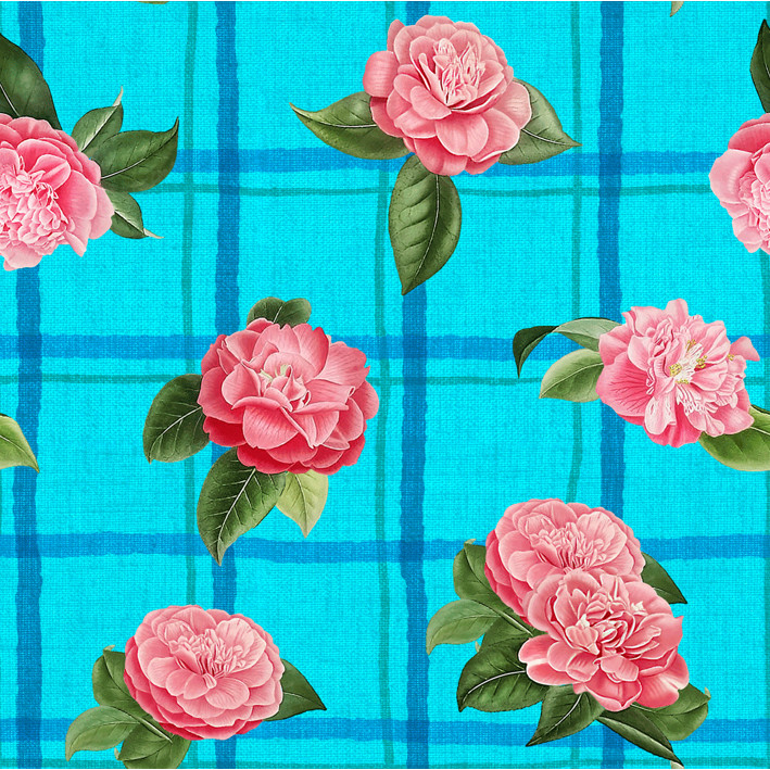 Tecido Tricoline Estampado Flores Fundo Xadez Azul Costura Artesanato Patch DIY Criativo