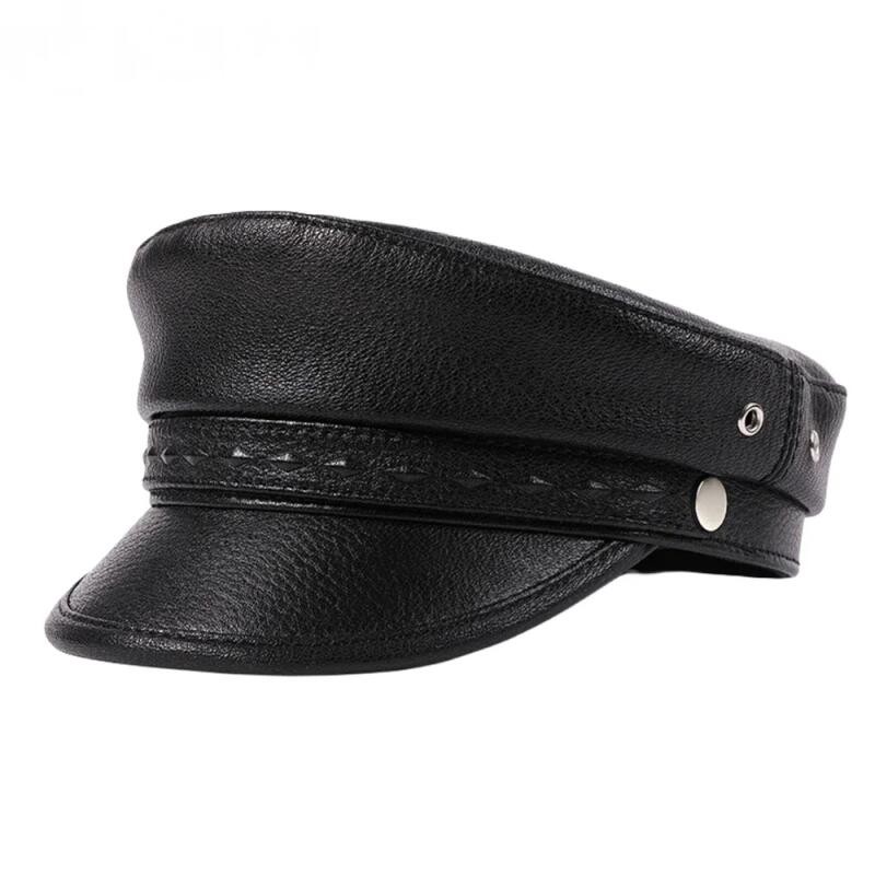 Boné Militar Preto de Moda para Homens e Mulheres, Couro Genuíno, Boné para Quatro Estações, Boné de Motociclista, Boné