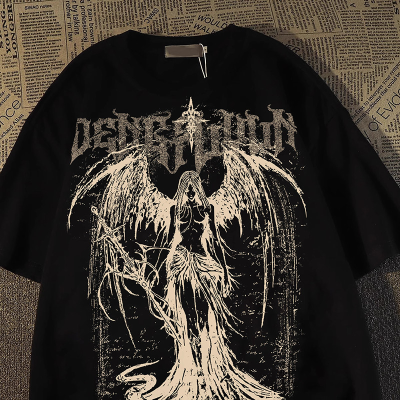 Camiseta Masculina Unissex com Estilo Gótico e Estampa de Anjo Oscuro Estilo Alternativo Oversized em Oferta na Shopee