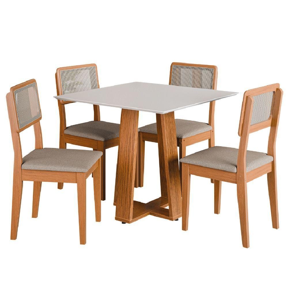 Conjunto Sala De Jantar Mesa Athenas Quadrada 4 Cadeiras Santiago Dobuê Madeirado Off White
